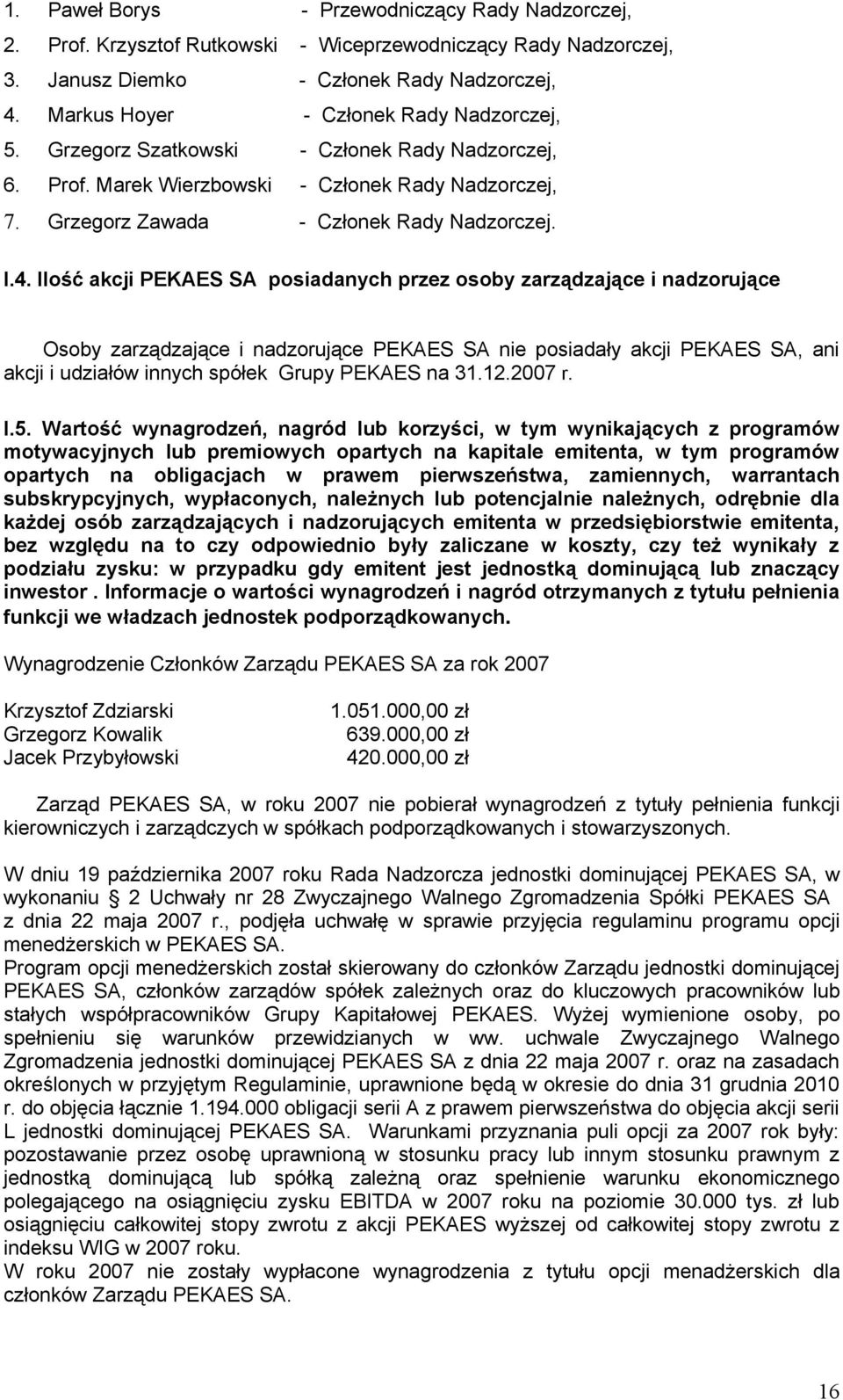 Ilość akcji PEKAES SA posiadanych przez osoby zarządzające i nadzorujące Osoby zarządzające i nadzorujące PEKAES SA nie posiadały akcji PEKAES SA, ani akcji i udziałów innych spółek Grupy PEKAES na