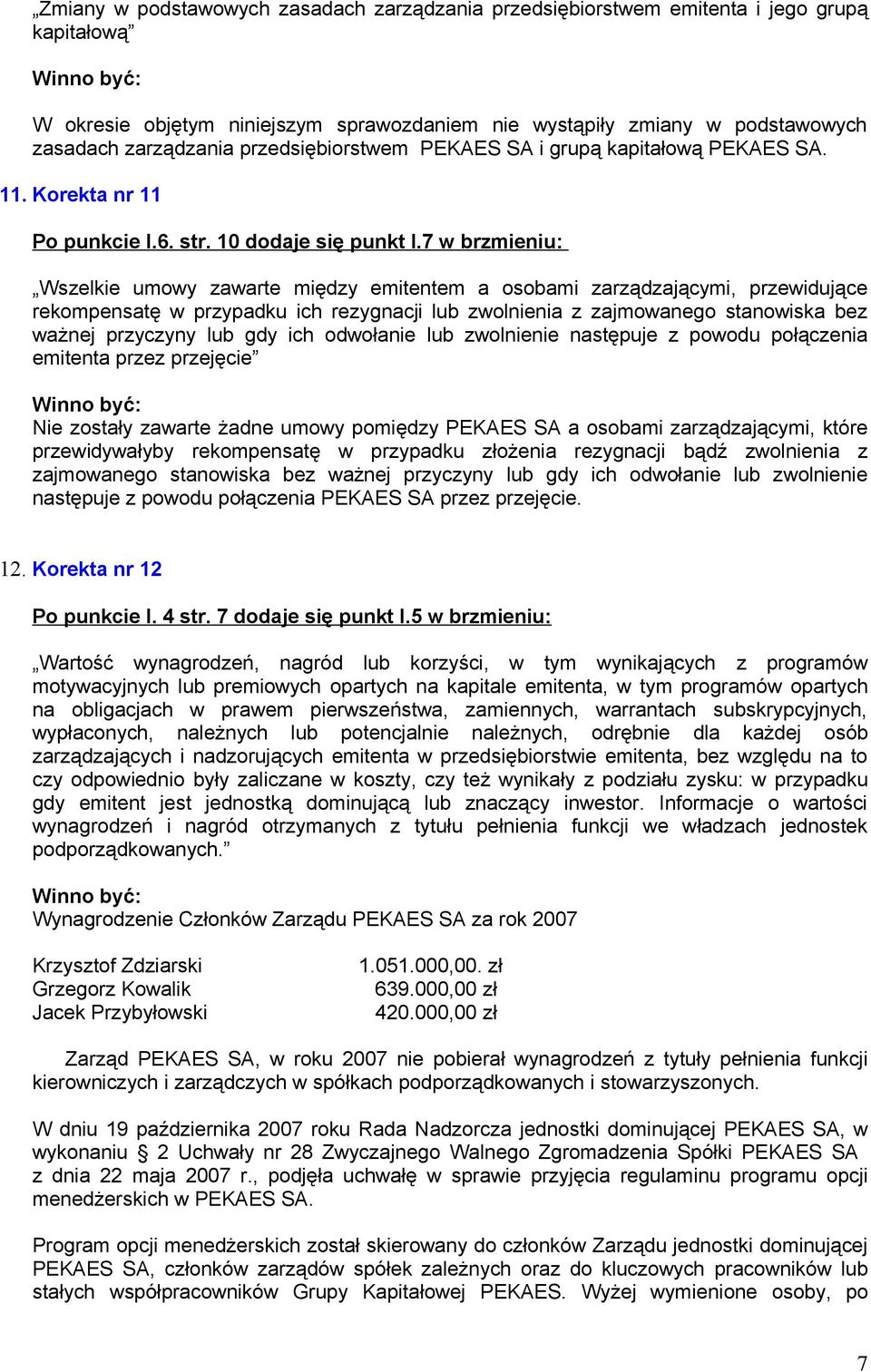 7 w brzmieniu: Wszelkie umowy zawarte między emitentem a osobami zarządzającymi, przewidujące rekompensatę w przypadku ich rezygnacji lub zwolnienia z zajmowanego stanowiska bez ważnej przyczyny lub