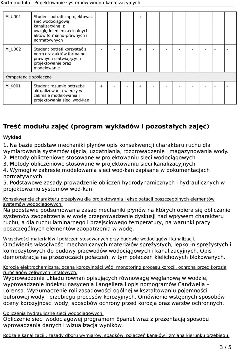 modelowania i projektowania sieci wod-kan Treść modułu zajęć (program wykładów i pozostałych zajęć) Wykład 1.