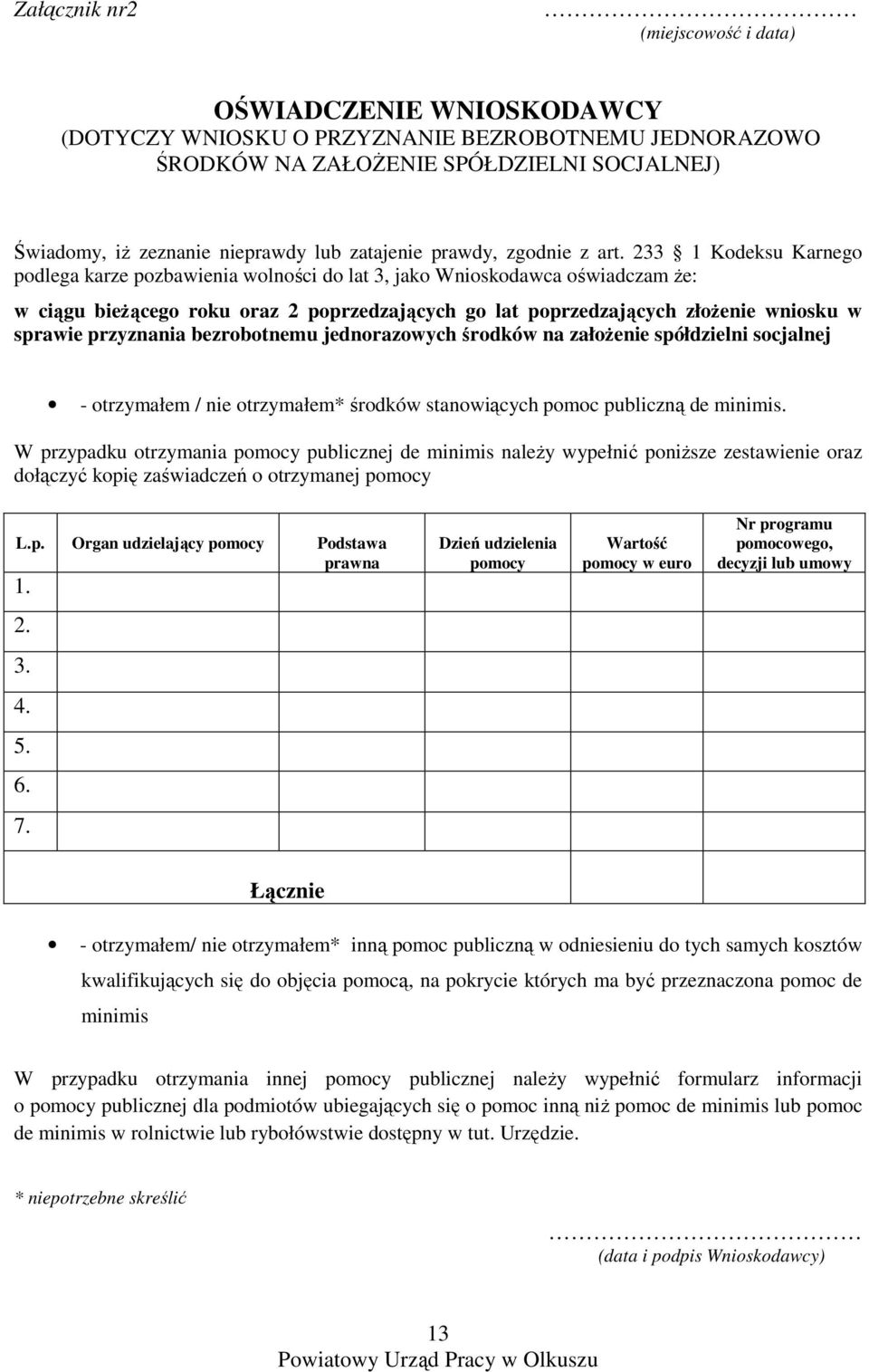 233 1 Kodeksu Karnego podlega karze pozbawienia wolności do lat 3, jako Wnioskodawca oświadczam Ŝe: w ciągu bieŝącego roku oraz 2 poprzedzających go lat poprzedzających złoŝenie wniosku w sprawie