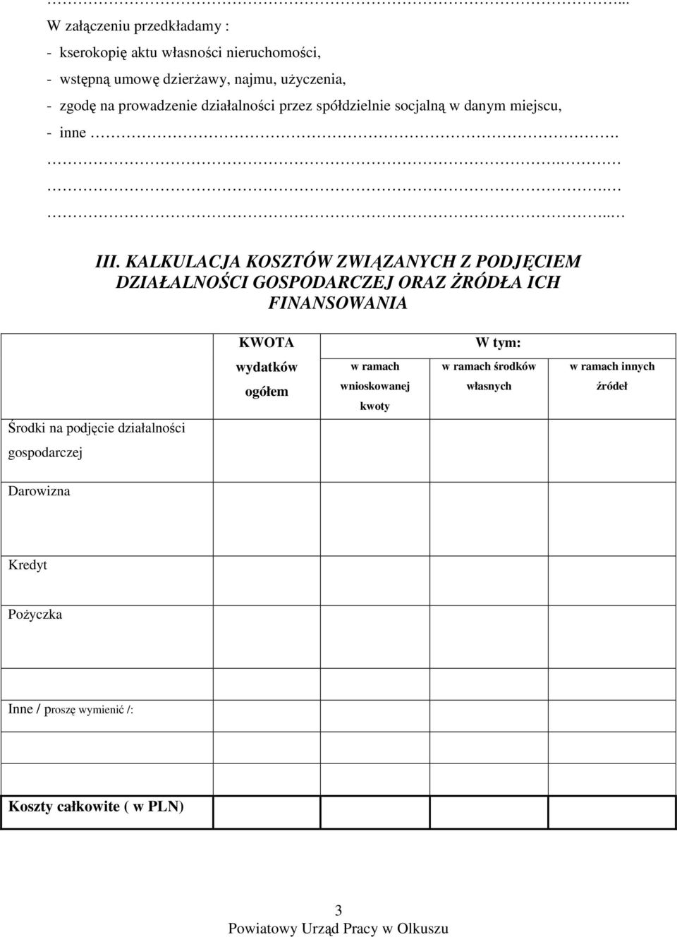 KALKULACJA KOSZTÓW ZWIĄZANYCH Z PODJĘCIEM DZIAŁALNOŚCI GOSPODARCZEJ ORAZ śródła ICH FINANSOWANIA KWOTA W tym: wydatków w ramach w