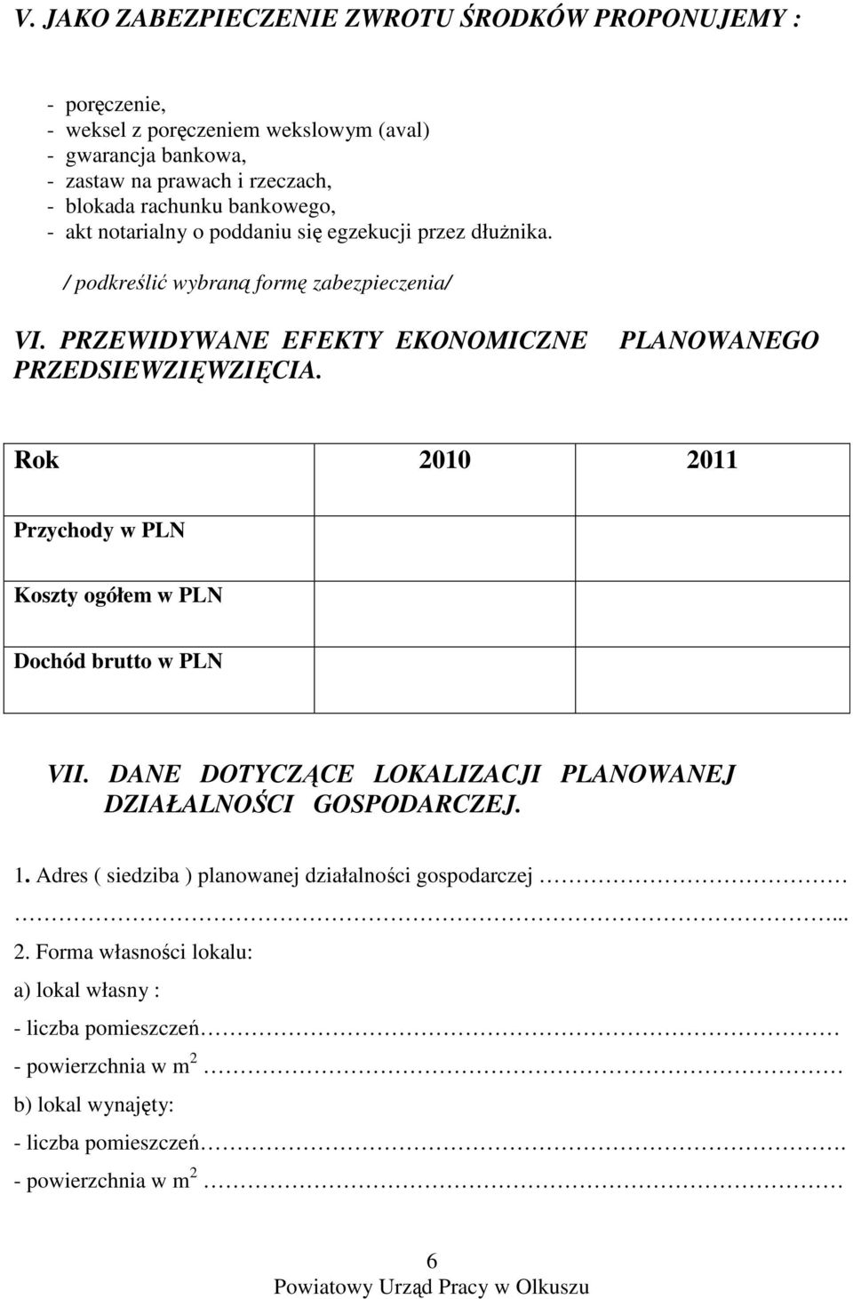 PLANOWANEGO Rok 2010 2011 Przychody w PLN Koszty ogółem w PLN Dochód brutto w PLN VII. DANE DOTYCZĄCE LOKALIZACJI PLANOWANEJ DZIAŁALNOŚCI GOSPODARCZEJ. 1.