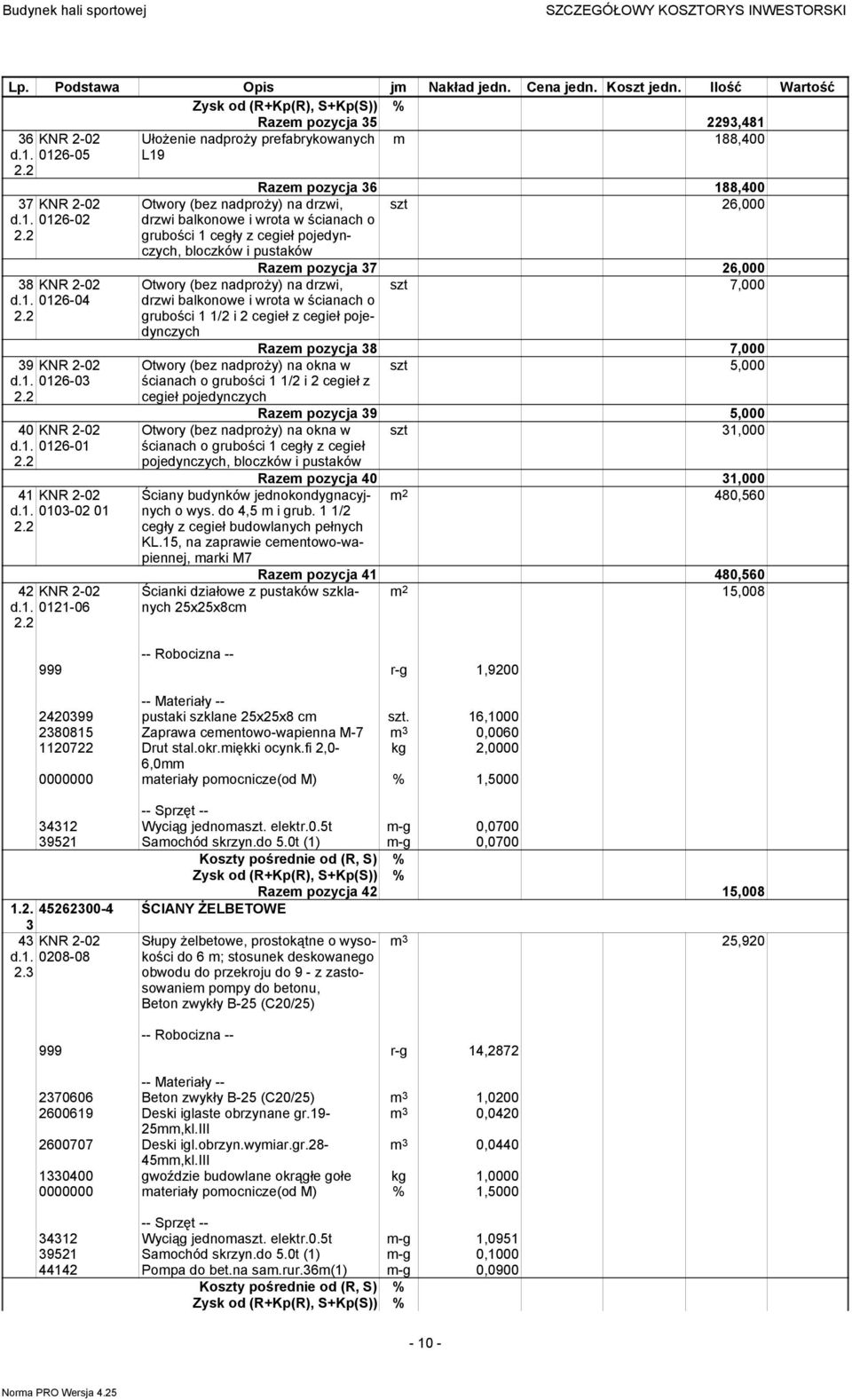 2 Ułożenie nadproży prefabrykowanych L19 m 188,400 Razem pozycja 36 188,400 Otwory (bez nadproży) na drzwi, szt 26,000 drzwi balkonowe i wrota w ścianach o grubości 1 cegły z cegieł pojedynczych,