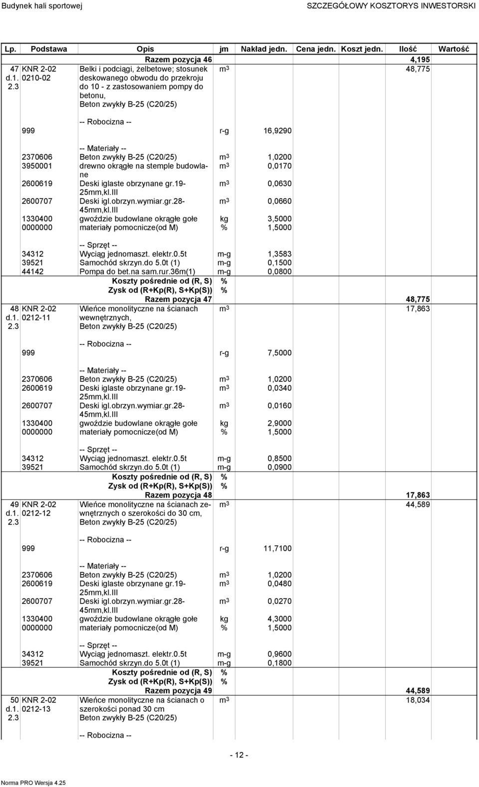 0210-02 Belki i podciągi, żelbetowe; stosunek deskowanego obwodu do przekroju do 10 - z zastosowaniem pompy do betonu, m 3 48,775 999 r-g 16,9290 2370606 m 3 1,0200 3950001 drewno okrągłe na stemple