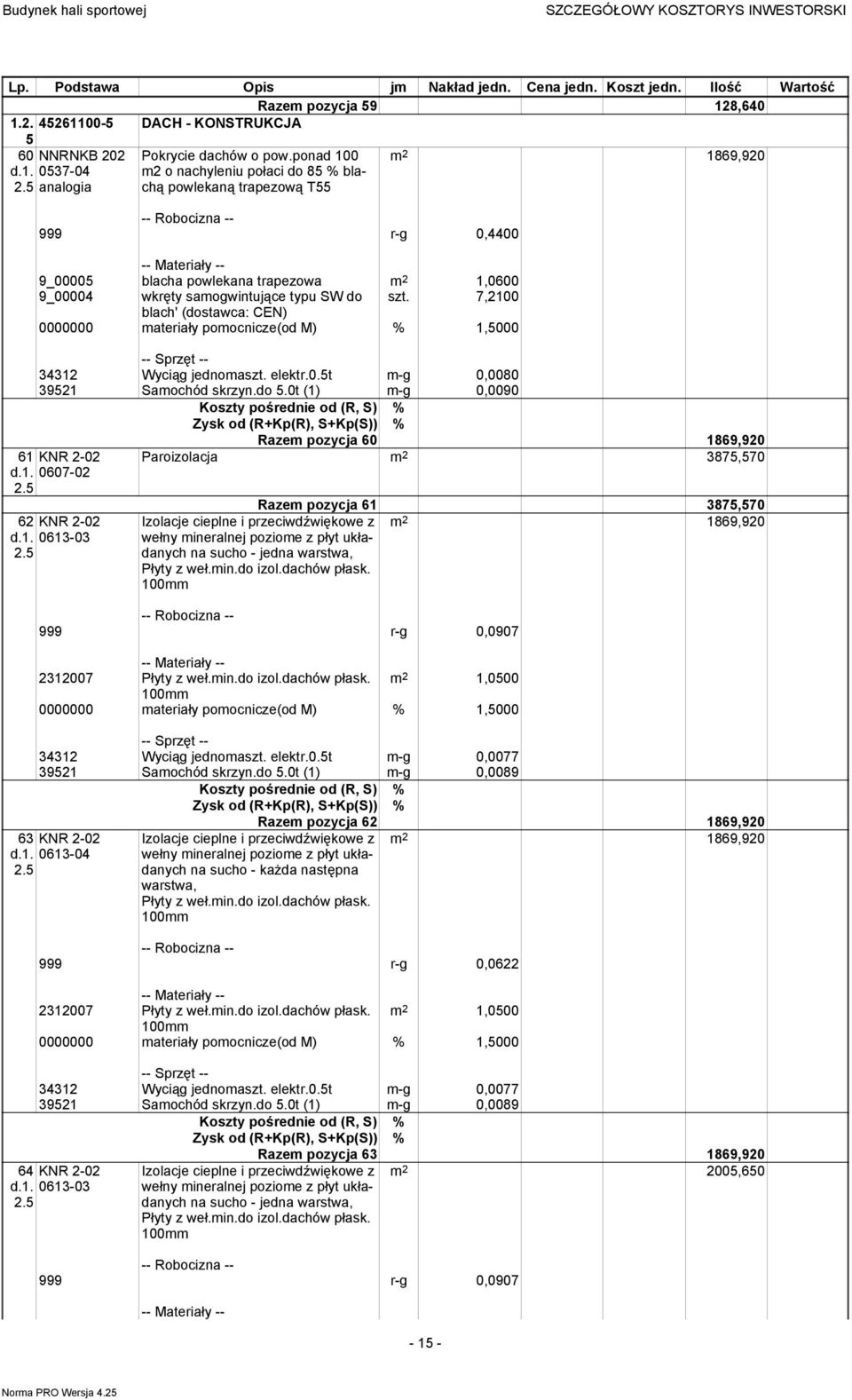 7,2100 blach' (dostawca: CEN) 34312 Wyciąg jednomaszt. elektr.0.5t m-g 0,0080 39521 Samochód skrzyn.do 5.0t (1) m-g 0,0090 61 KNR 2-02 d.1. 0607-02 2.5 62 KNR 2-02 d.1. 0613-03 2.