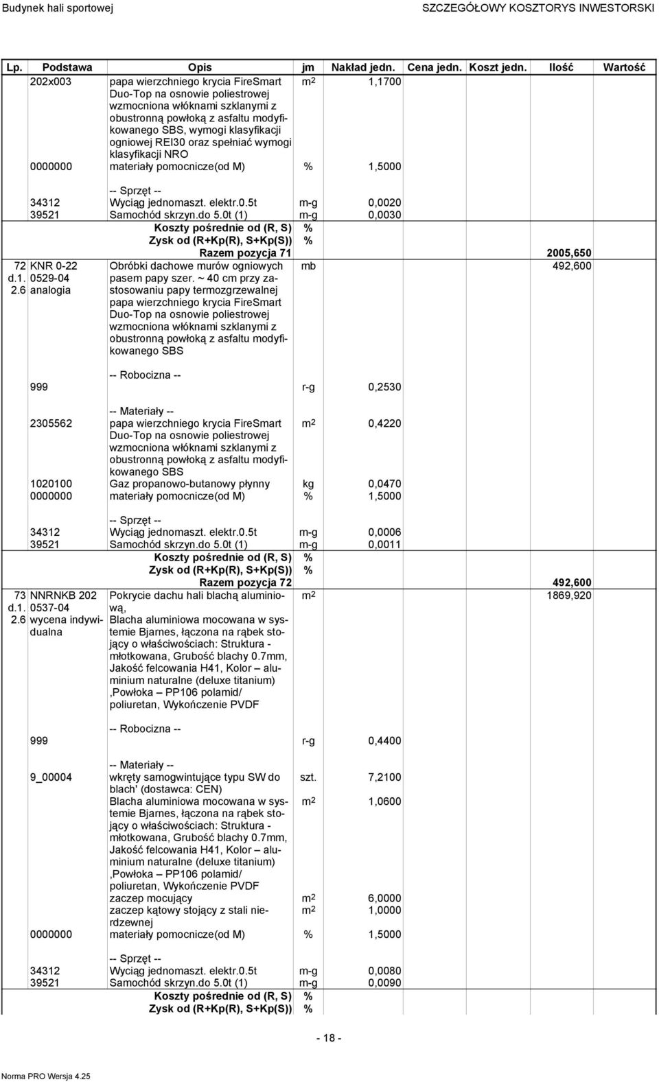 6 analogia Razem pozycja 71 2005,650 mb 492,600 Obróbki dachowe murów ogniowych pasem papy szer.