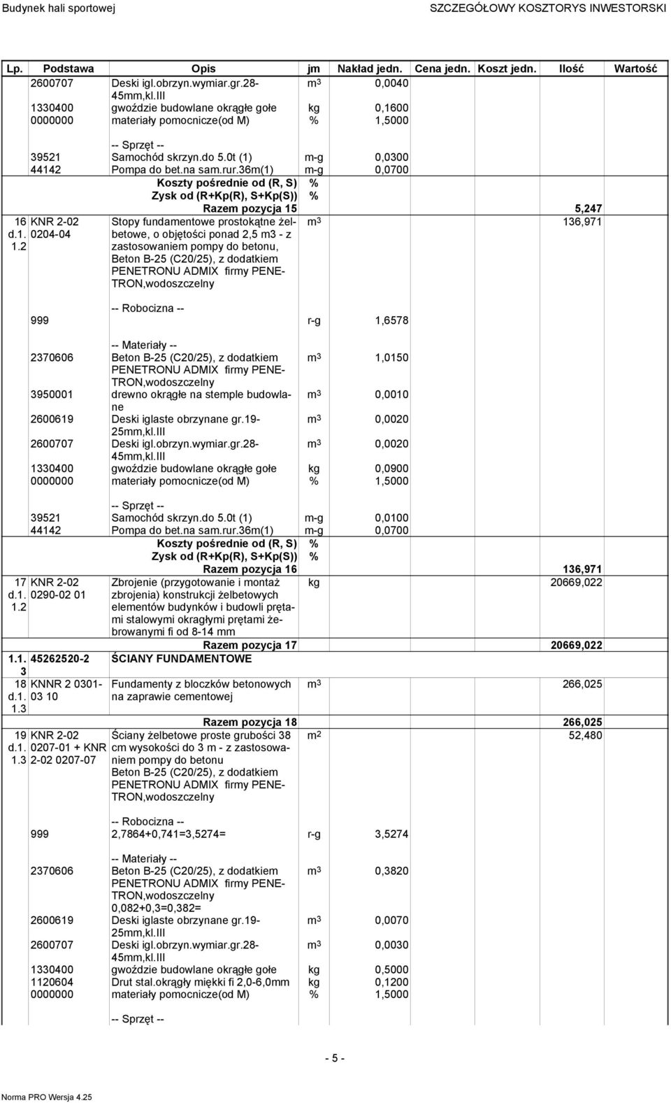 2 Razem pozycja 15 5,247 m 3 136,971 Stopy fundamentowe prostokątne żelbetowe, o objętości ponad 2,5 m3 - z zastosowaniem pompy do betonu, Beton B-25 (C20/25), z dodatkiem PENETRONU ADMIX firmy PENE-