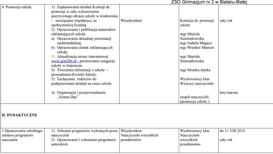 gim2bb.pl - promowanie osiągnięć szkoły w Internecie. 4) Tworzenie informacji o szkole - prowadzenie Kroniki Szkoły. 5) Zachęcanie rodziców do podejmowania działań na rzecz szkoły. Komisja ds.