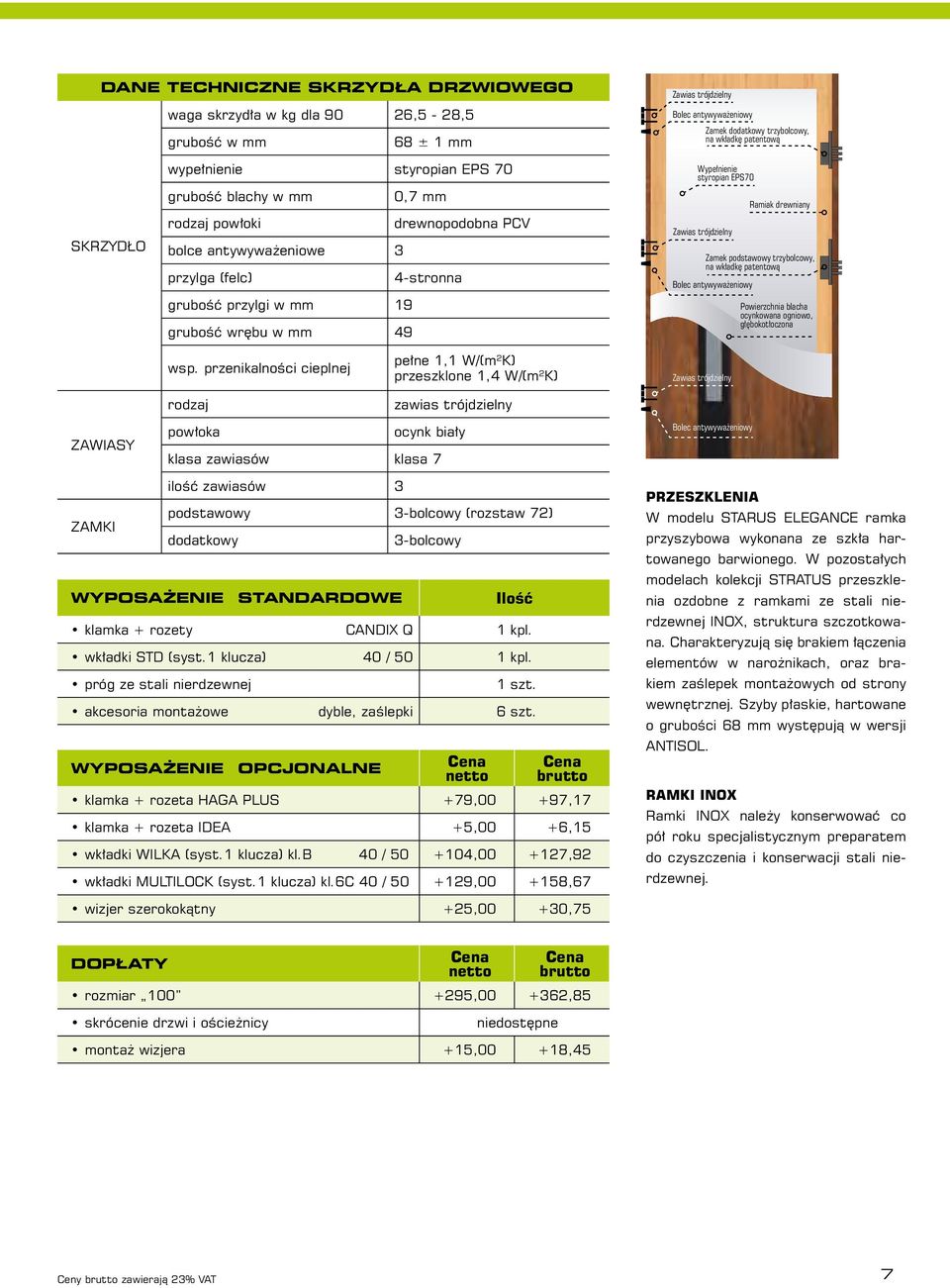 styropian EPS70 Zawias trójdzielny Ramiak drewniany Zamek podstawowy trzybolcowy, na wkładkę patentową Bolec antywyważeniowy Powierzchnia blacha ocynkowana ogniowo, głębokotłoczona wsp.