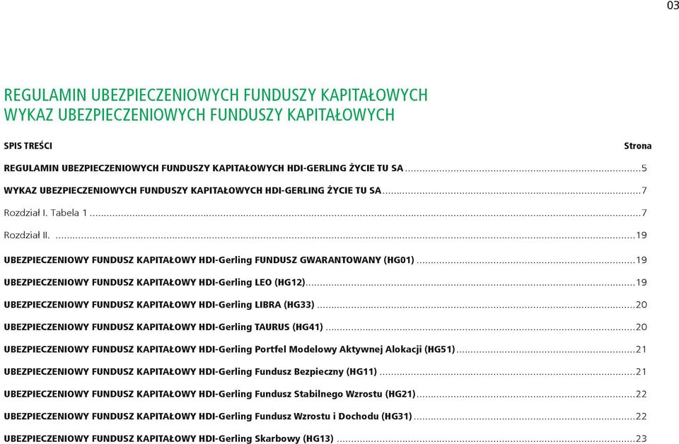 ..19 UBEZPIECZENIOWY FUNDUSZ KAPITAŁOWY HDI-Gerling LEO (HG12)...19 UBEZPIECZENIOWY FUNDUSZ KAPITAŁOWY HDI-Gerling LIBRA (HG33)...20 UBEZPIECZENIOWY FUNDUSZ KAPITAŁOWY HDI-Gerling TAURUS (HG41).