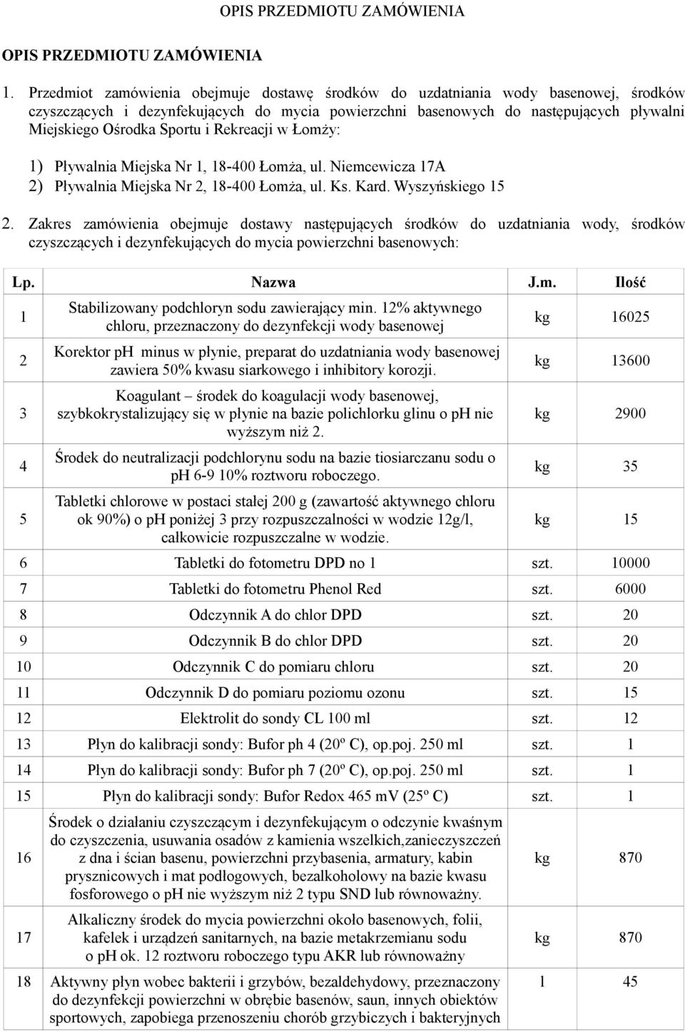 i Rekreacji w Łomży: 1) Pływalnia Miejska Nr 1, 18-400 Łomża, ul. Niemcewicza 17A 2) Pływalnia Miejska Nr 2, 18-400 Łomża, ul. Ks. Kard. Wyszyńskiego 15 2.