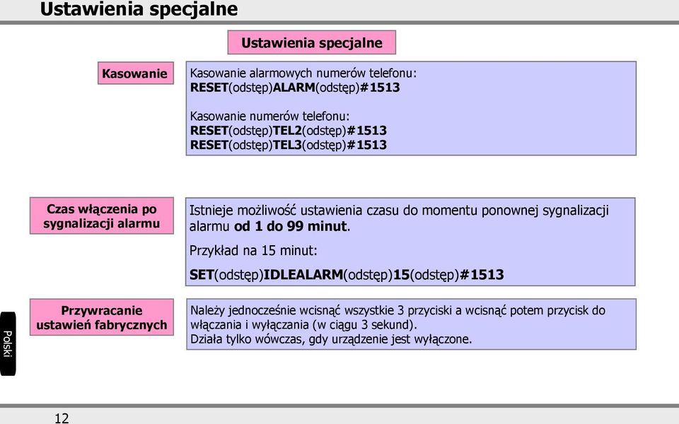 sygnalizacji alarmu od 1 do 99 minut.