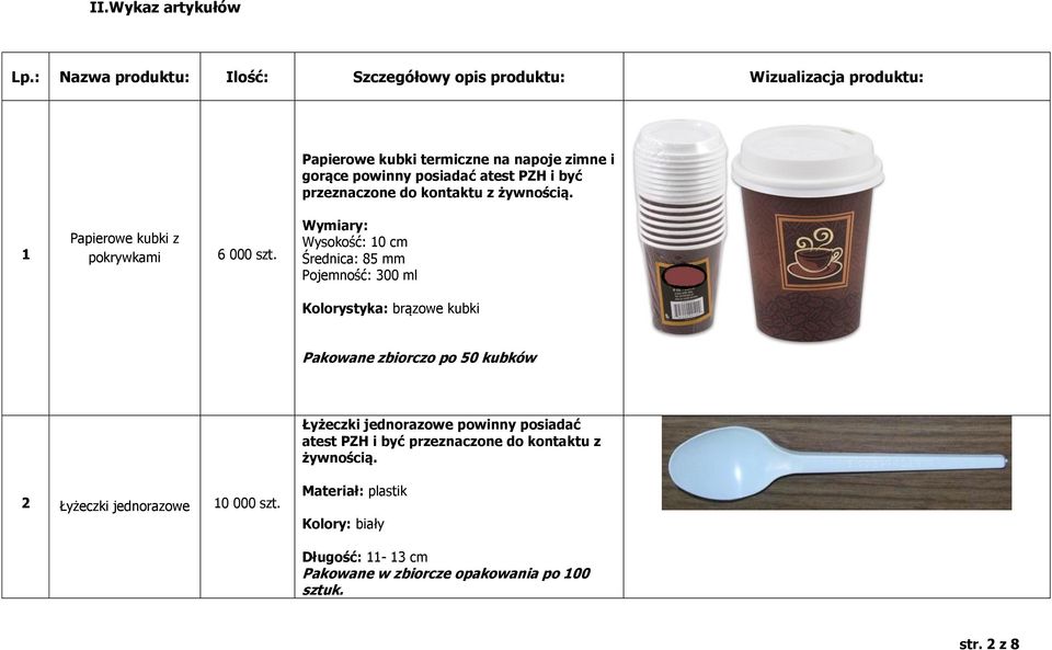 i być przeznaczone do kontaktu z żywnością. 1 Papierowe kubki z pokrywkami 6 000 szt.