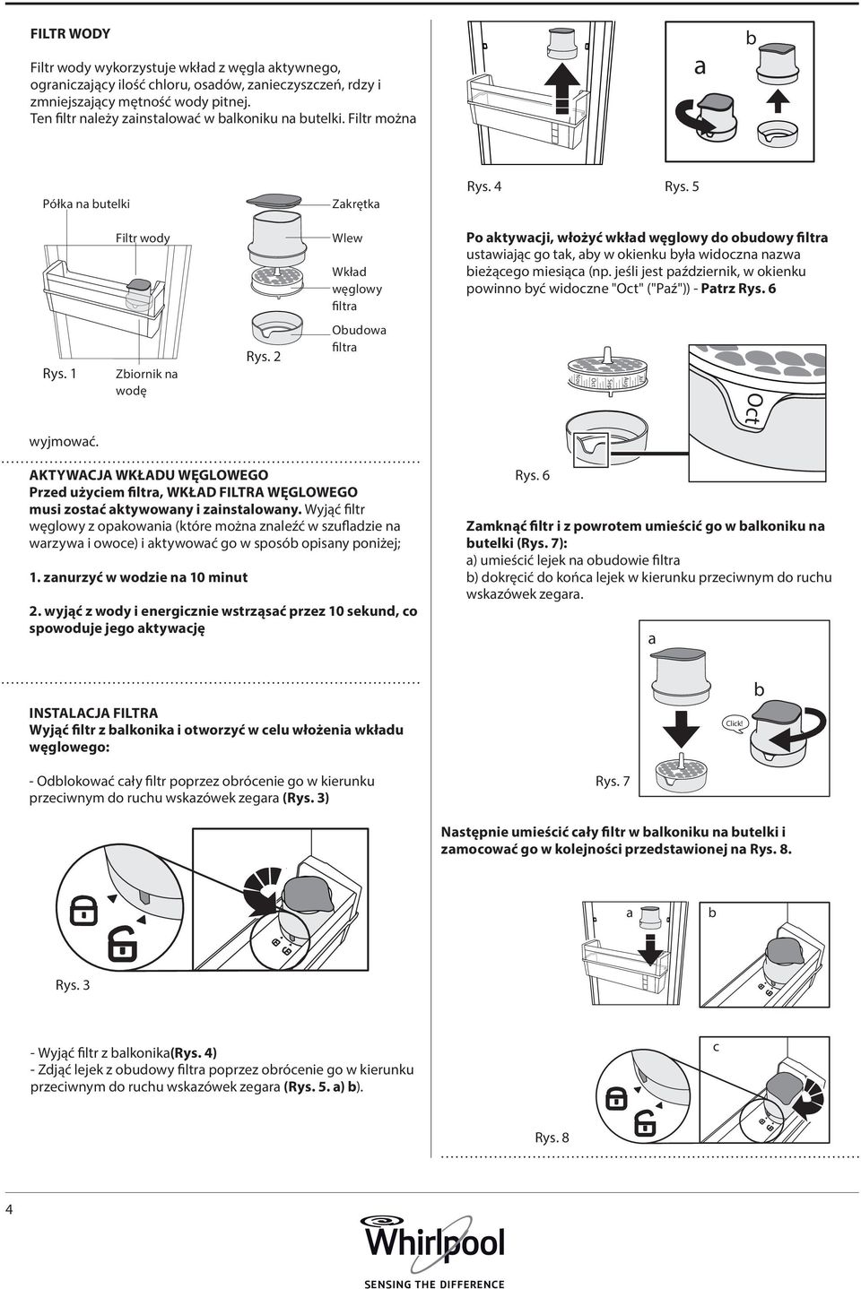 5 Filtr wody Wlew Wkład węglowy filtra Po aktywacji, włożyć wkład węglowy do obudowy filtra ustawiając go tak, aby w okienku była widoczna nazwa bieżącego miesiąca (np.