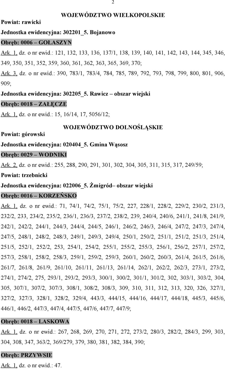 : 390, 783/1, 783/4, 784, 785, 789, 792, 793, 798, 799, 800, 801, 906, 909; Jednostka ewidencyjna: 302205_5. Rawicz obszar wiejski Obręb: 0018 ZAŁĘCZE Ark. 1, dz. o nr ewid.