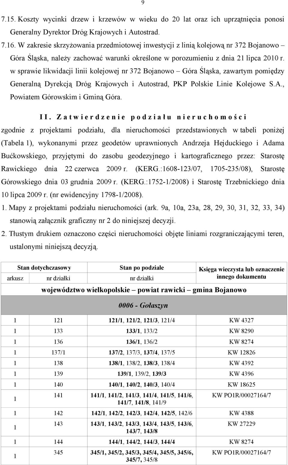 w sprawie likwidacji linii kolejowej nr 372 Bojanowo Góra Śląska, zawartym pomiędzy Generalną Dyrekcją Dróg Krajowych i Autostrad, PKP Polskie Linie Kolejowe S.A., Powiatem Górowskim i Gminą Góra.