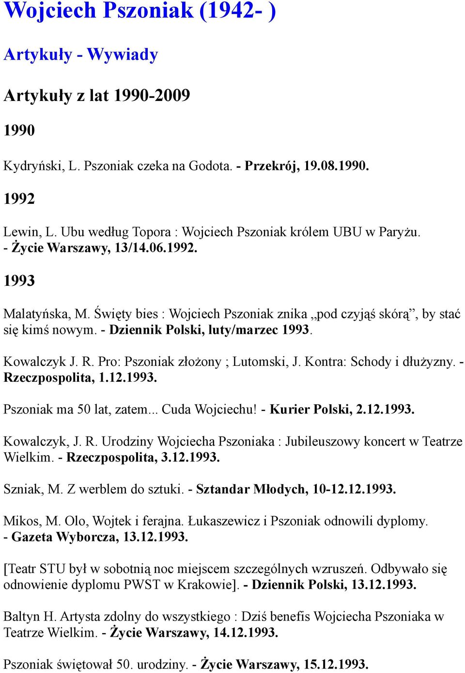 - Dziennik Polski, luty/marzec 1993. Kowalczyk J. R. Pro: Pszoniak złożony ; Lutomski, J. Kontra: Schody i dłużyzny. - Rzeczpospolita, 1.12.1993. Pszoniak ma 50 lat, zatem... Cuda Wojciechu!