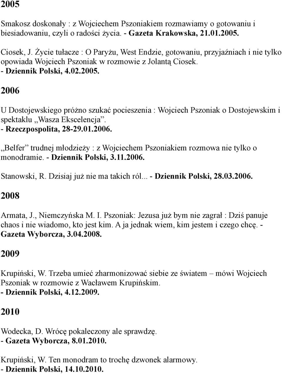 2006 U Dostojewskiego próżno szukać pocieszenia : Wojciech Pszoniak o Dostojewskim i spektaklu Wasza Ekscelencja. - Rzeczpospolita, 28-29.01.2006. Belfer trudnej młodzieży : z Wojciechem Pszoniakiem rozmowa nie tylko o monodramie.