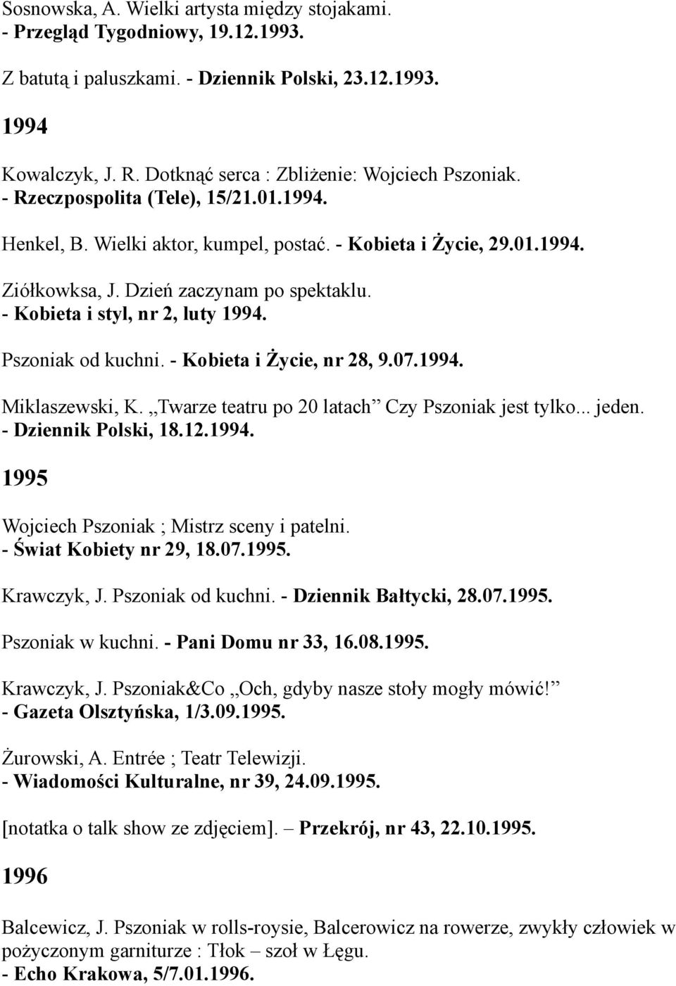 Dzień zaczynam po spektaklu. - Kobieta i styl, nr 2, luty 1994. Pszoniak od kuchni. - Kobieta i Życie, nr 28, 9.07.1994. Miklaszewski, K. Twarze teatru po 20 latach Czy Pszoniak jest tylko... jeden.