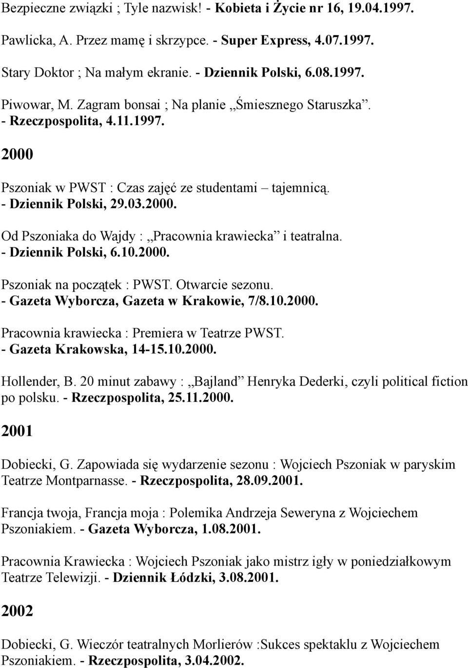 - Dziennik Polski, 6.10.2000. Pszoniak na początek : PWST. Otwarcie sezonu. - Gazeta Wyborcza, Gazeta w Krakowie, 7/8.10.2000. Pracownia krawiecka : Premiera w Teatrze PWST. - Gazeta Krakowska, 14-15.