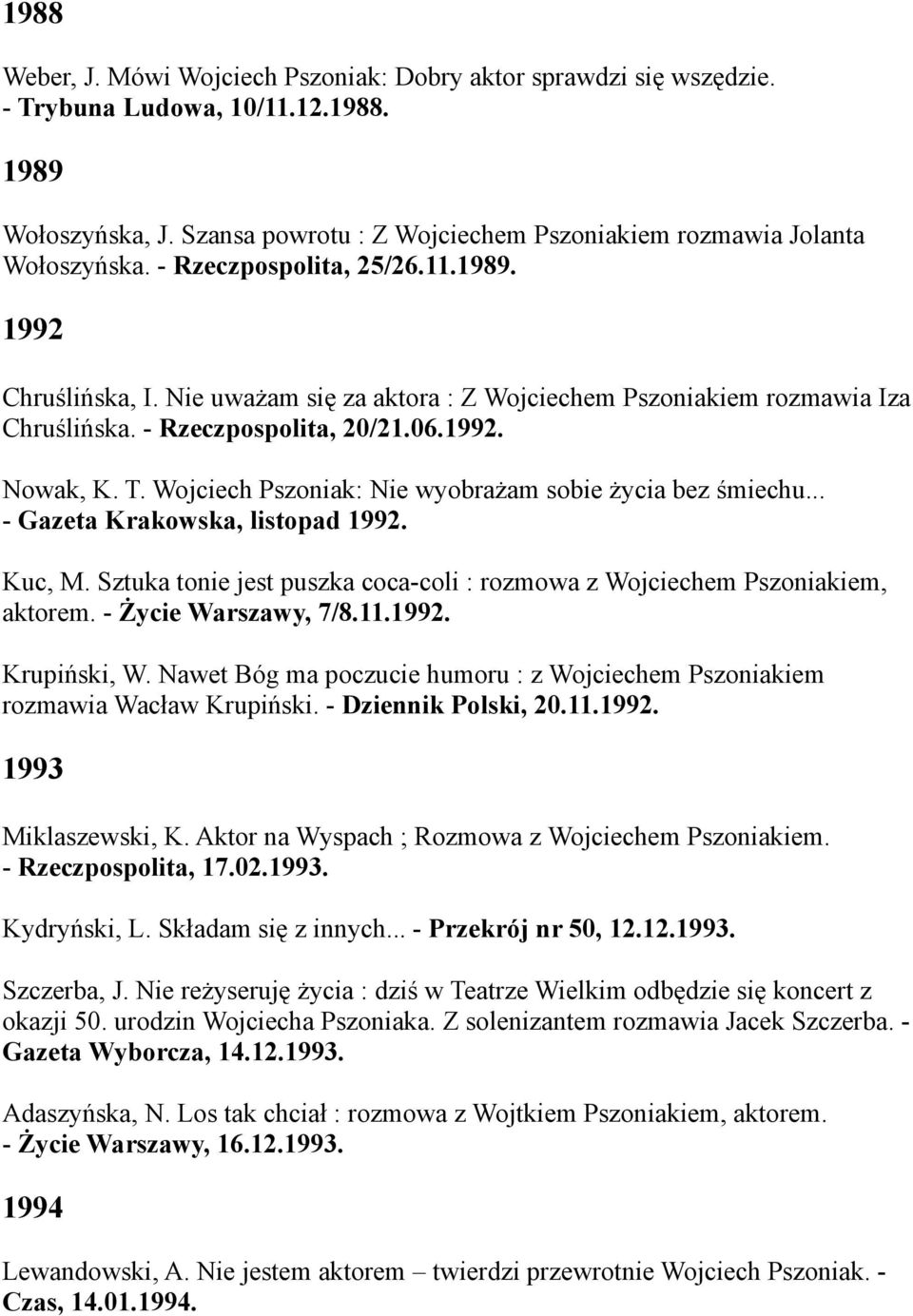 Wojciech Pszoniak: Nie wyobrażam sobie życia bez śmiechu... - Gazeta Krakowska, listopad 1992. Kuc, M. Sztuka tonie jest puszka coca-coli : rozmowa z Wojciechem Pszoniakiem, aktorem.