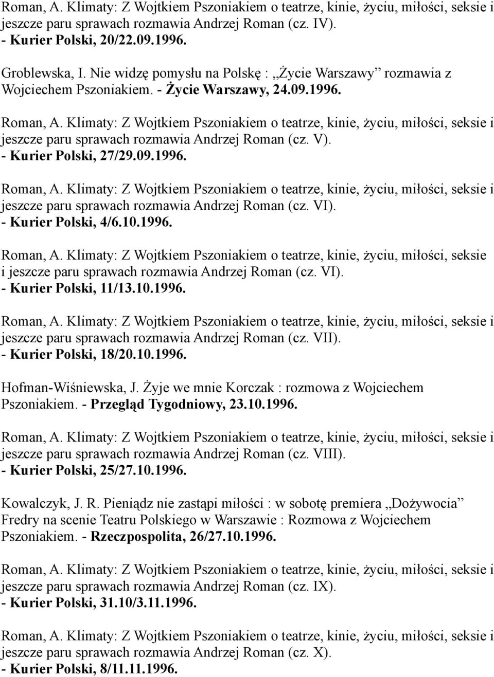 Klimaty: Z Wojtkiem Pszoniakiem o teatrze, kinie, życiu, miłości, seksie i jeszcze paru sprawach rozmawia Andrzej Roman (cz. VI). - Kurier Polski, 11/13.10.1996.
