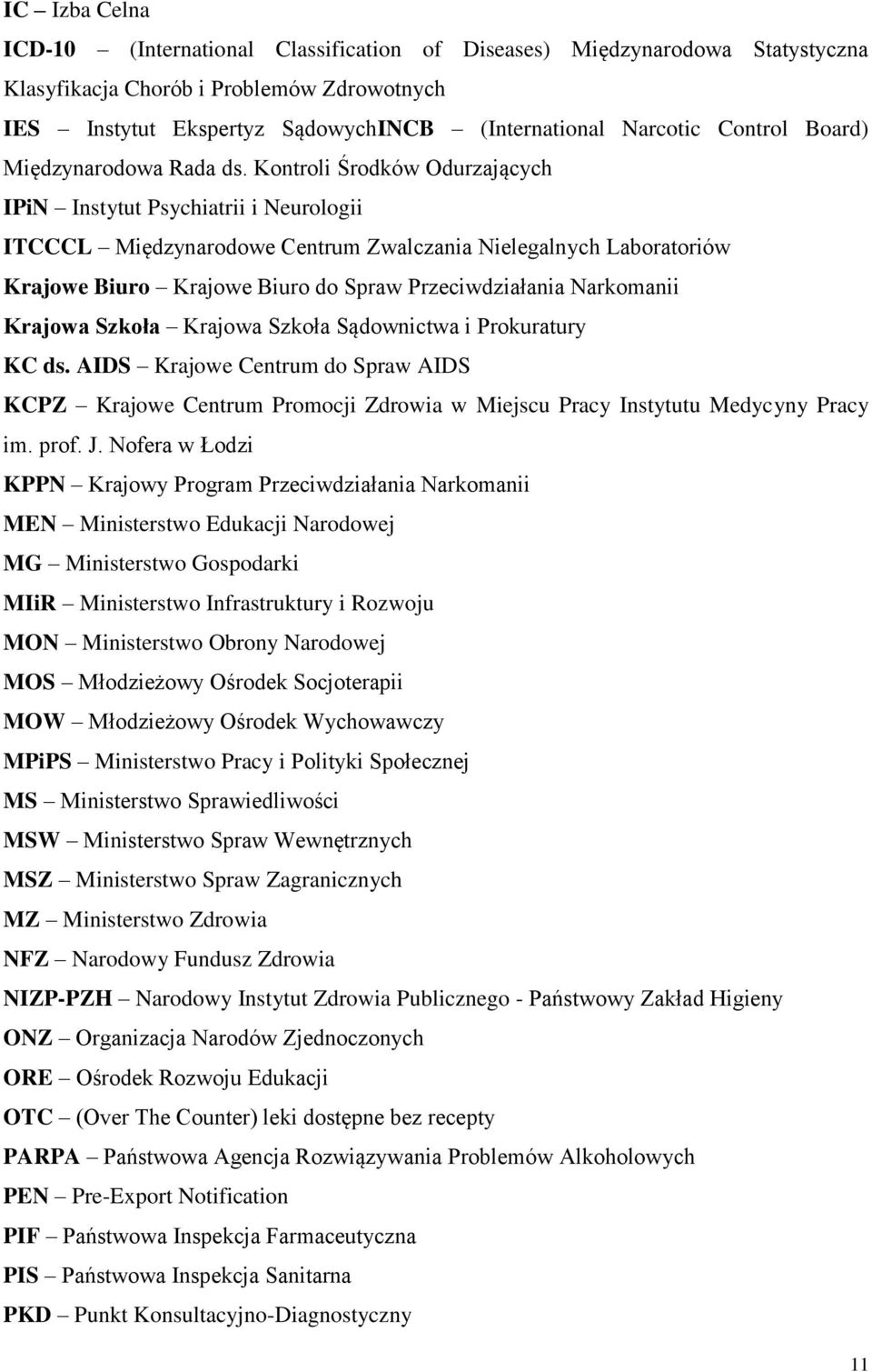 Kontroli Środków Odurzających IPiN Instytut Psychiatrii i Neurologii ITCCCL Międzynarodowe Centrum Zwalczania Nielegalnych Laboratoriów Krajowe Biuro Krajowe Biuro do Spraw Przeciwdziałania