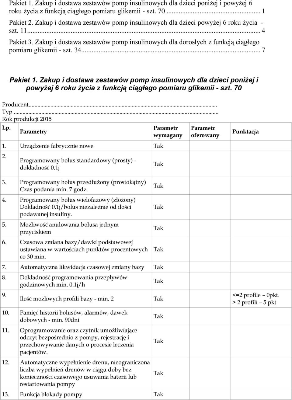 34... 7 Pakiet 1. Zakup i dostawa zestawów pomp insulinowych dla dzieci poniżej i powyżej 6 roku życia z funkcją ciągłego pomiaru glikemii - szt. 70 Producent... Typ... Rok produkcji 2015 Lp.