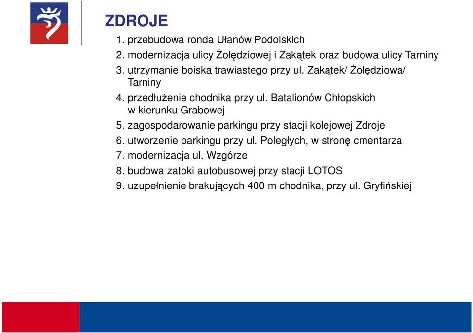 Batalionów Chłopskich w kierunku Grabowej 5. zagospodarowanie parkingu przy stacji kolejowej Zdroje 6. utworzenie parkingu przy ul.