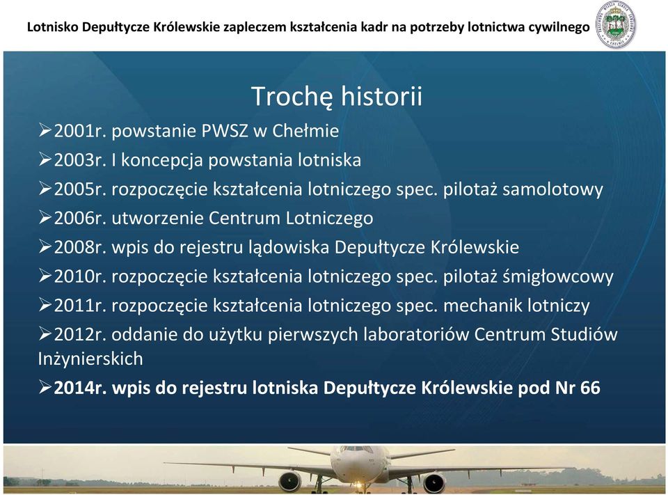 wpis do rejestru lądowiska Depułtycze Królewskie 2010r. rozpoczęcie kształcenia lotniczego spec. pilotaż śmigłowcowy 2011r.