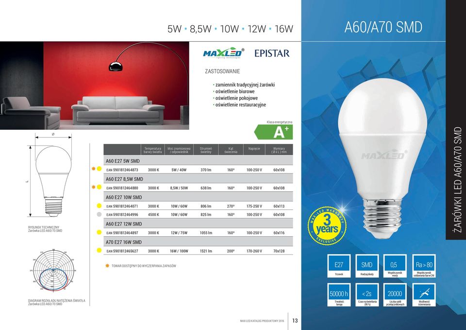 3000 K 10W / 60W 806 lm 270º 175250 V 60x113 EAN 5901812464996 4500 K 10W / 60W 825 lm 160º 100250 V 60x108 A60 E27 12W SMD EAN 5901812464897 3000 K 12W / 75W 1055 lm 160º 100250 V 60x116 ŻARÓWKI LED