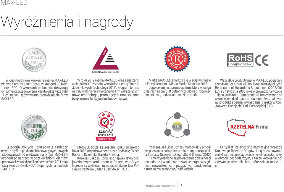 W roku 2012 marka MaXLed oraz seria żarówek novoo została wyróżniona certyfikatem Lider nowych Technologii 2012.