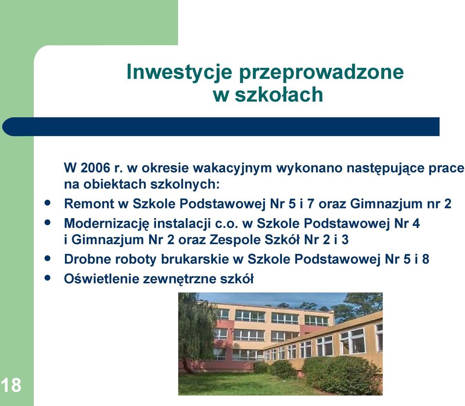 Podstawowej Nr 5 i 7 oraz Gimnazjum nr 2 Modernizację instalacji c.o. w Szkole Podstawowej