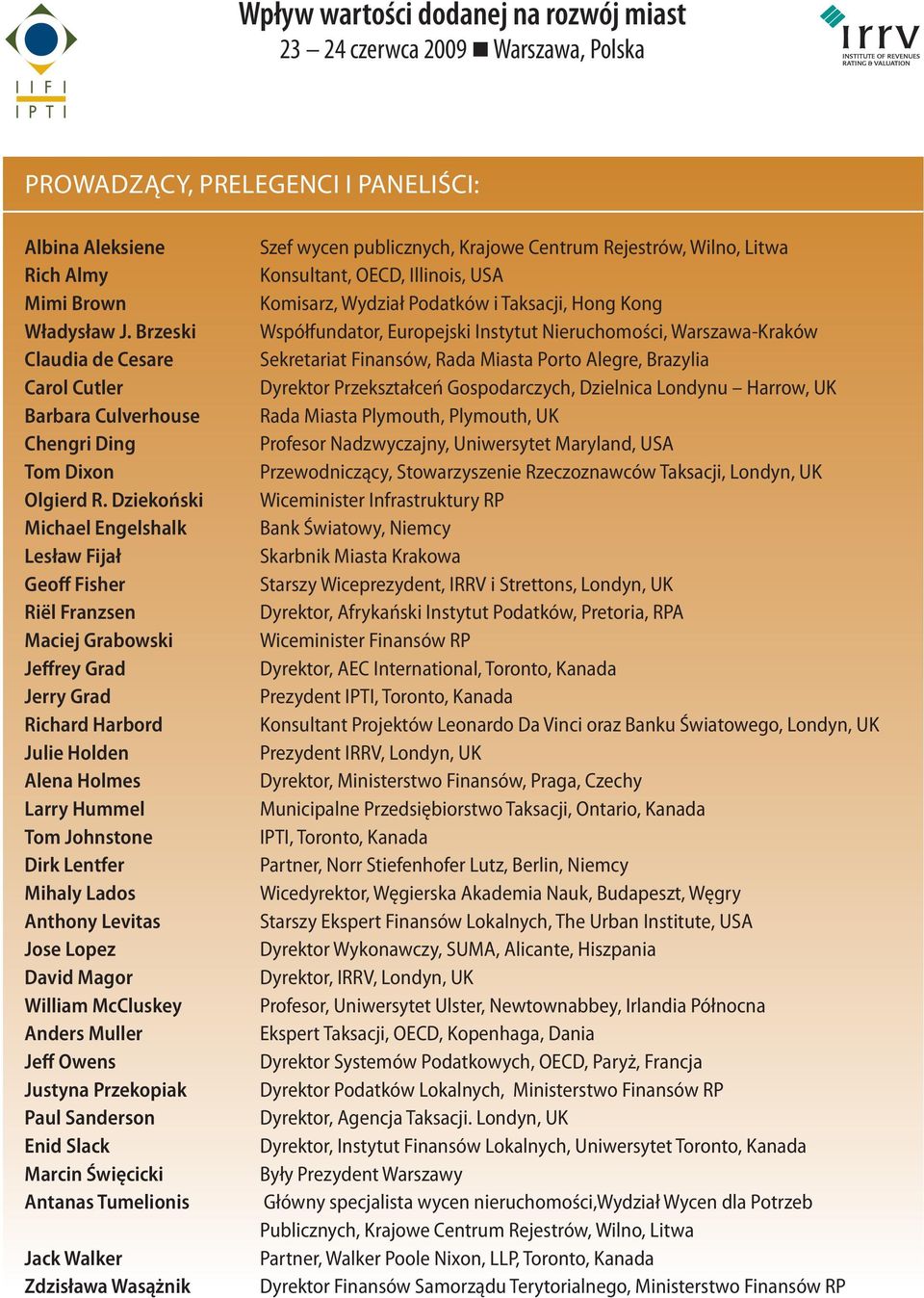 Lados Anthony Levitas Jose Lopez David Magor William McCluskey Anders Muller Jeff Owens Justyna Przekopiak Paul Sanderson Enid Slack Marcin Święcicki Antanas Tumelionis Jack Walker Zdzisława Wasążnik