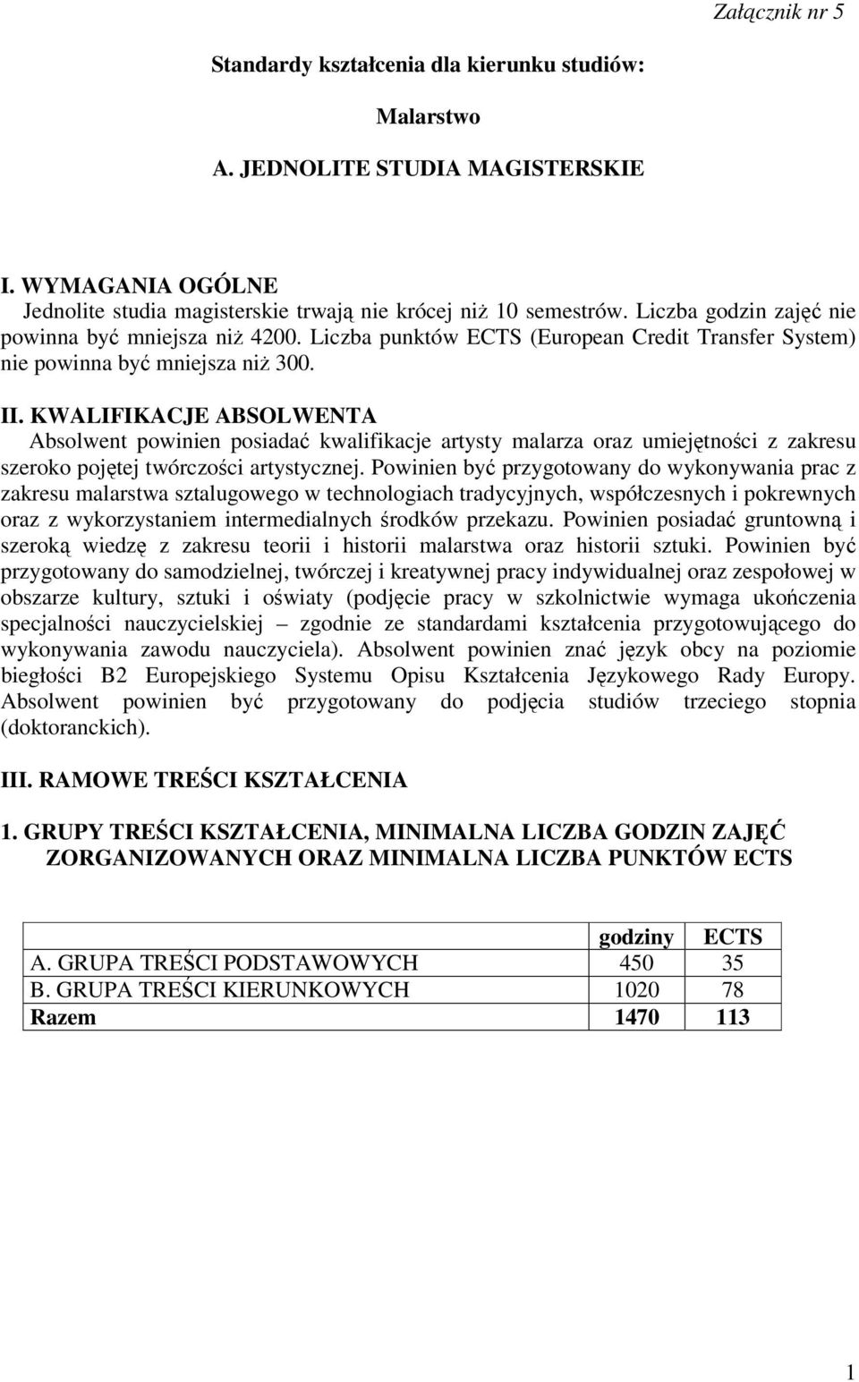 KWALIFIKACJE ABSOLWENTA Absolwent powinien posiadać kwalifikacje artysty malarza oraz umiejętności z zakresu szeroko pojętej twórczości artystycznej.