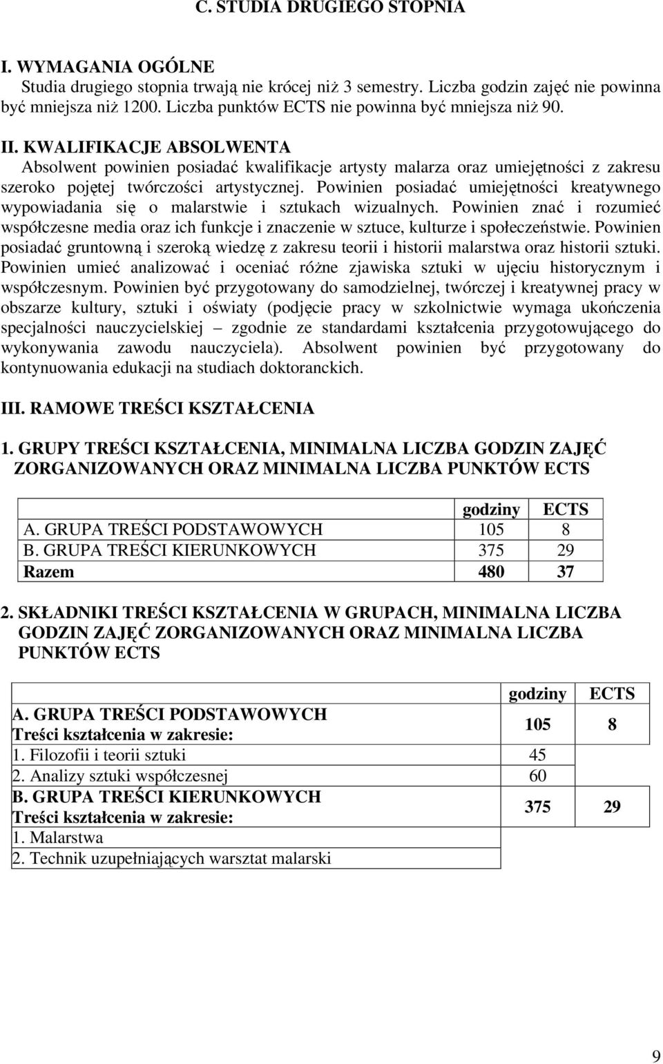KWALIFIKACJE ABSOLWENTA Absolwent powinien posiadać kwalifikacje artysty malarza oraz umiejętności z zakresu szeroko pojętej twórczości artystycznej.