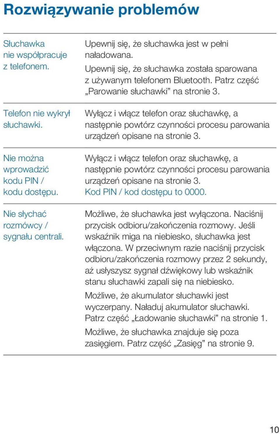 Wyłącz i włącz telefon oraz słuchawkę, a następnie powtórz czynności procesu parowania urządzeń opisane na stronie 3.