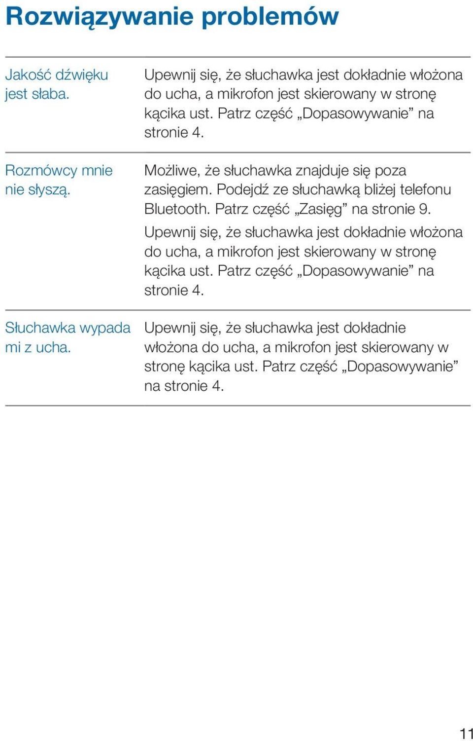 Możliwe, że słuchawka znajduje się poza zasięgiem. Podejdź ze słuchawką bliżej telefonu Bluetooth. Patrz część Zasięg na stronie 9.   11