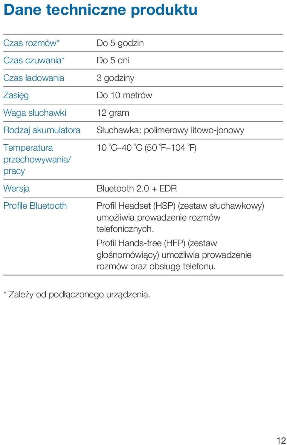 litowo-jonowy 10 C 40 C (50 F 104 F) Bluetooth 2.