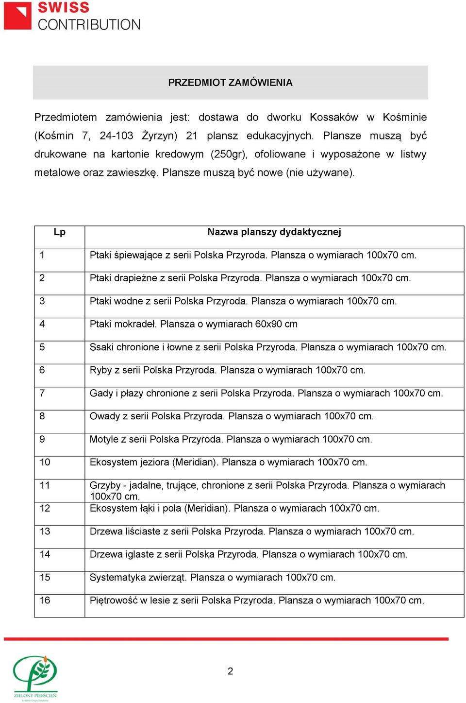 Lp Nazwa planszy dydaktycznej 1 Ptaki śpiewające z serii Polska Przyroda. Plansza o wymiarach 100x70 cm. 2 Ptaki drapieżne z serii Polska Przyroda. Plansza o wymiarach 100x70 cm. 3 Ptaki wodne z serii Polska Przyroda.