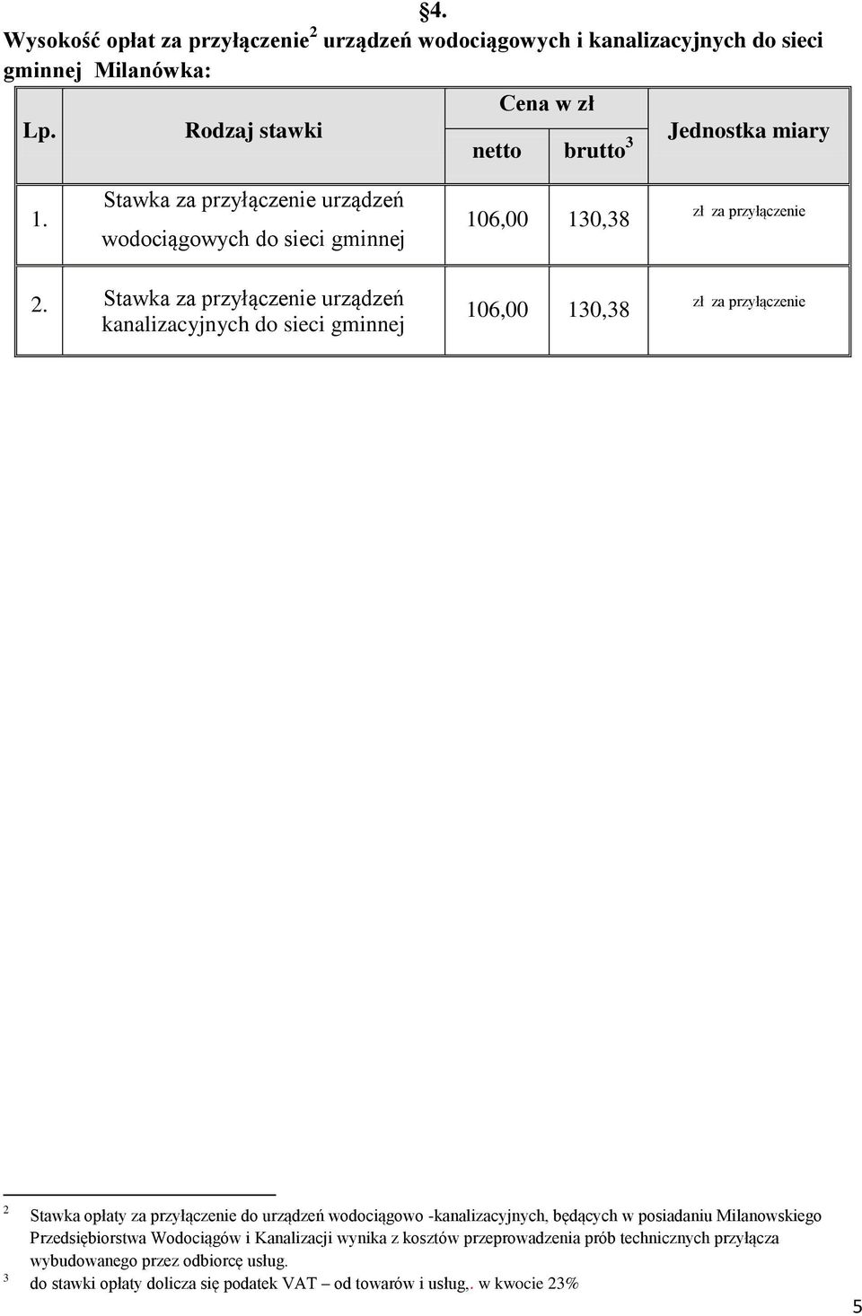 Stawka za przyłączenie urządzeń kanalizacyjnych do sieci gminnej 106,00 130,38 zł za przyłączenie 2 3 Stawka opłaty za przyłączenie do urządzeń wodociągowo