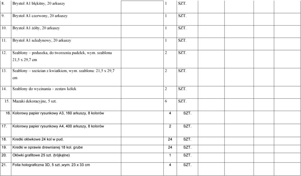 Szablony do wycinania zestaw kółek 15. Mazaki dekoracyjne, 5 szt. 6 SZT. 16. Kolorowy papier rysunkowy A3, 160 arkuszy, 8 kolorów 4 SZT. 17.