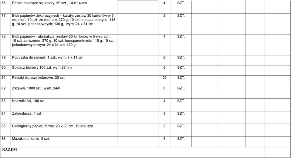 transparentnych; 115 g, 10 szt. jednobarwnych wym. 24 x 34 cm; 130 g 4 SZT. 79. Poduszka do stempli, 1 szt., wym. 7 x 11 cm 6 SZT. 80. Spinacz biurowy,100 szt. wym.28mm 6 SZT. 81.