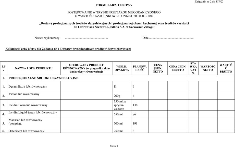 NAZWA I OPIS PRODUKTU I. PROFESJONALNE ŚRODKI DEZYNFEKCYJNE OFEROWANY PRODUKT RÓWNOWAśNY (w przypadku składania oferty równowaŝnej) WIELK. OPAKOW. PLANOW. ILOŚĆ STA WKA VAT % WARTOŚ Ć 1.