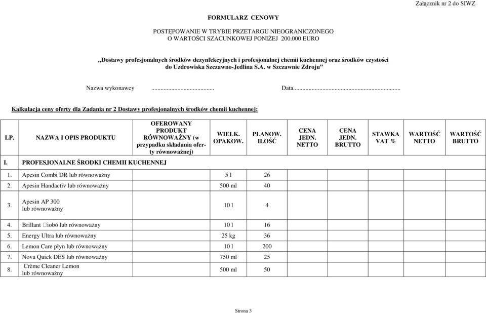 .. Kalkulacja ceny oferty dla Zadania nr 2 Dostawy profesjonalnych środków chemii kuchennej: LP. NAZWA I OPIS PRODUKTU OFEROWANY PRODUKT RÓWNOWAśNY (w przypadku składania oferty równowaŝnej) WIELK.