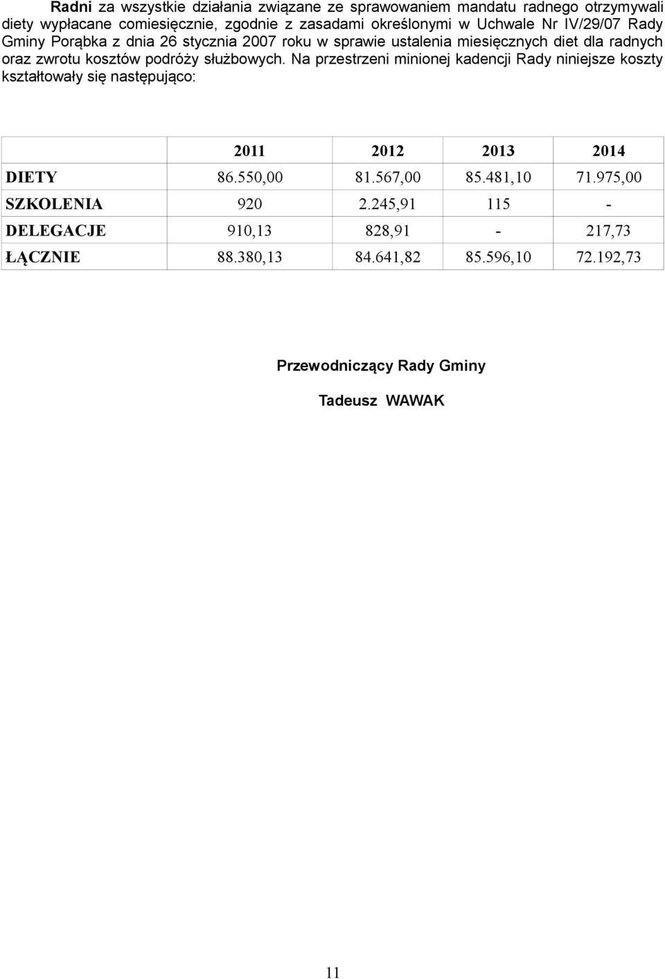 służbowych. Na przestrzeni minionej kadencji Rady niniejsze koszty kształtowały się następująco: 2011 2012 2013 2014 DIETY 86.550,00 81.567,00 85.