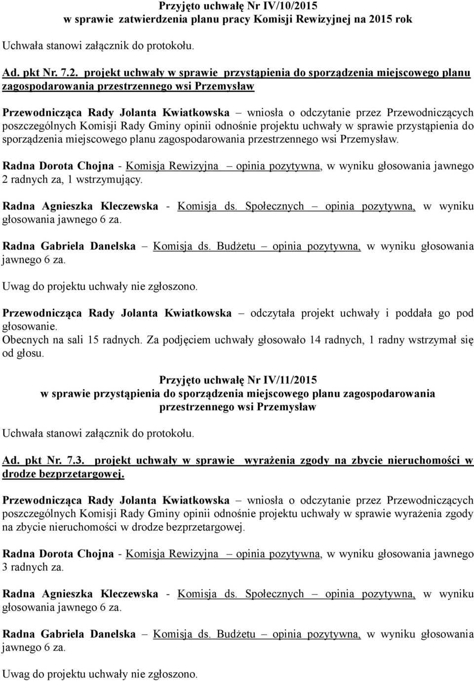 15 rok Uchwała stanowi załącznik do protokołu. Ad. pkt Nr. 7.2.