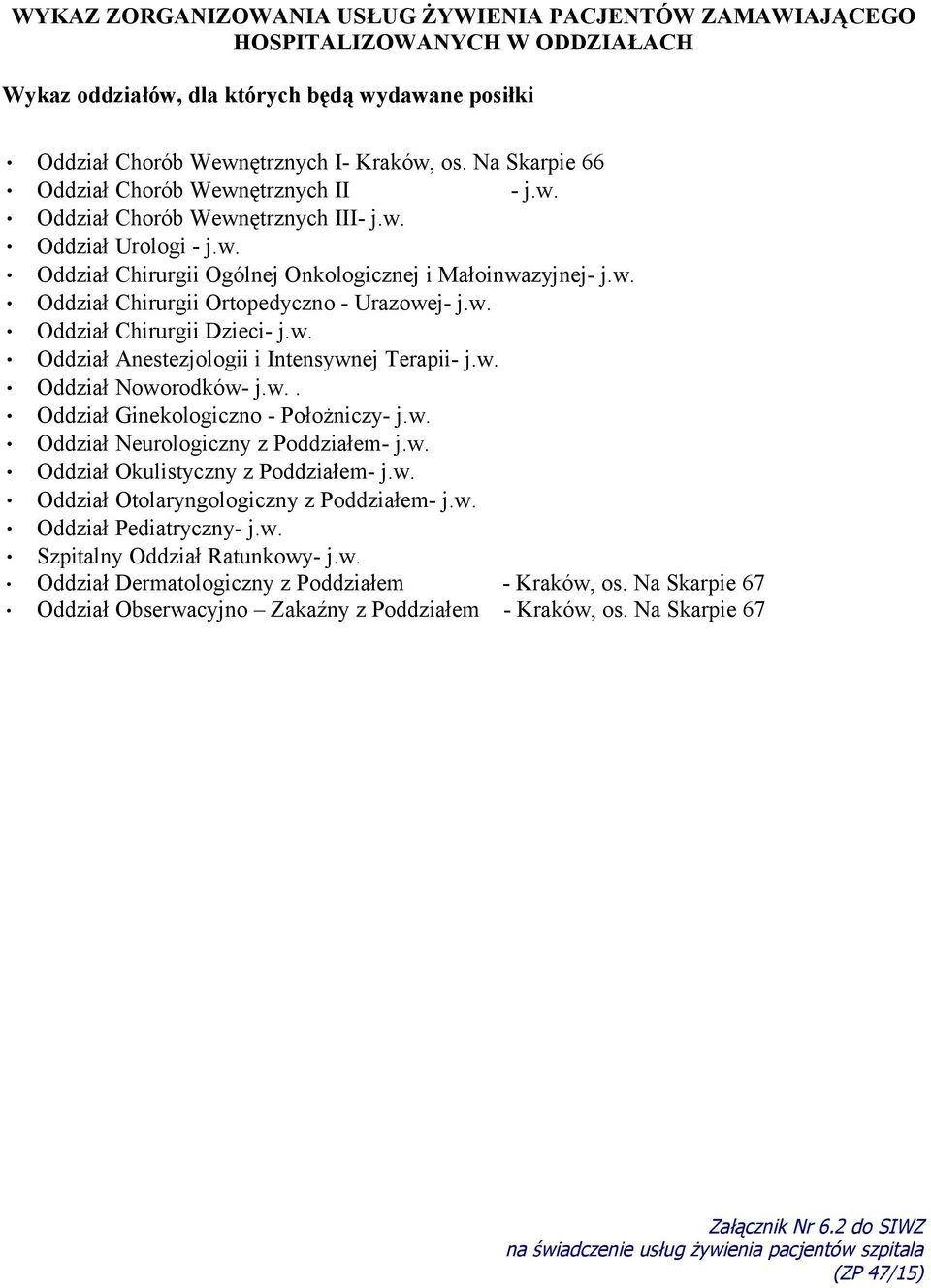 w. Oddział Chirurgii Dzieci- j.w. Oddział Anestezjologii i Intensywnej Terapii- j.w. Oddział Noworodków- j.w.. Oddział Ginekologiczno - Położniczy- j.w. Oddział Neurologiczny z Poddziałem- j.w. Oddział Okulistyczny z Poddziałem- j.