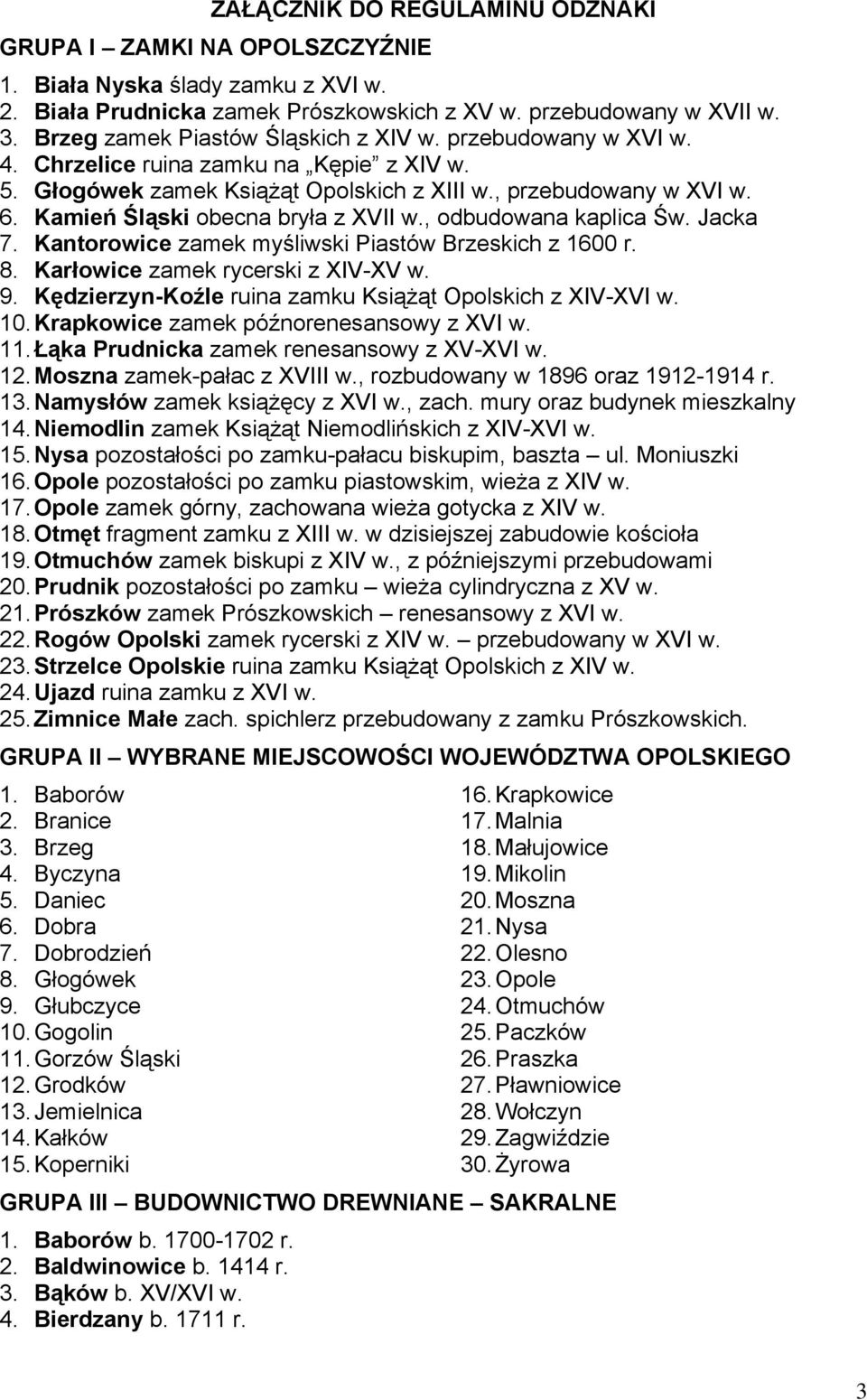 Kamień Śląski obecna bryła z XVII w., odbudowana kaplica Św. Jacka 7. Kantorowice zamek myśliwski Piastów Brzeskich z 1600 r. 8. Karłowice zamek rycerski z XIV-XV w. 9.