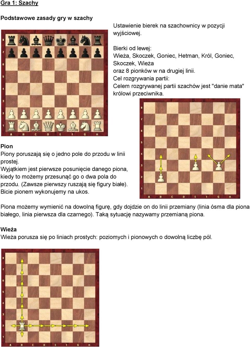 Cel rozgrywania partii: Celem rozgrywanej partii szachów jest "danie mata" królowi przeciwnika. Pion Piony poruszają się o jedno pole do przodu w linii prostej.